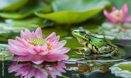 A tranquil pond image features a green frog perched on a lily pad amid water ripples and pink lotus blossoms, Generative AI.