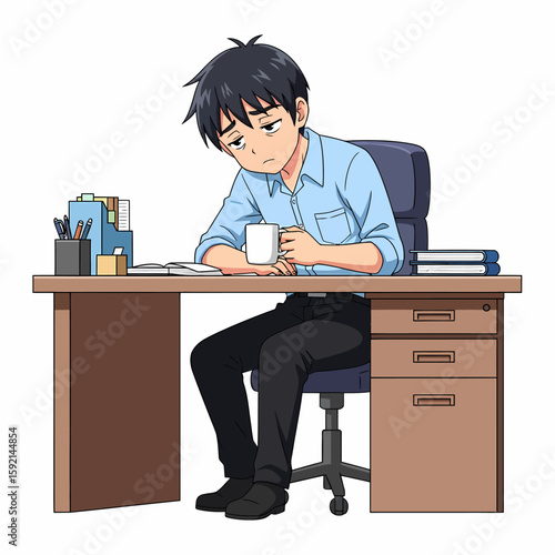 Tired Office Worker Sitting at Desk Holding Coffee Mug Feeling Exhausted and Bored