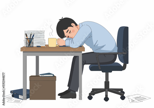 Tired businessman sleeping at desk with coffee mug steaming warm drink office burnout concept