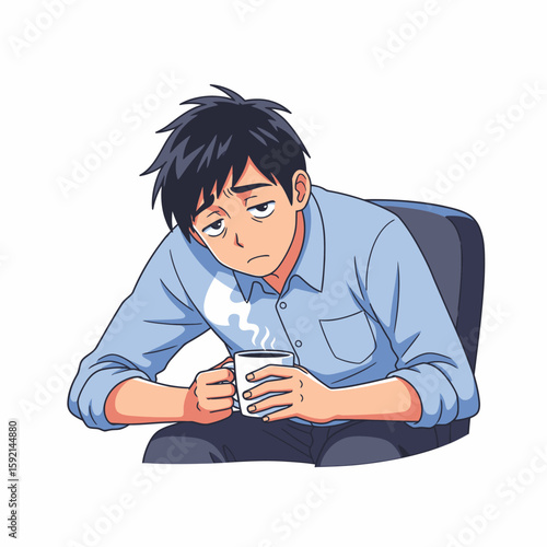 Tired Businessman Holding Coffee Mug Feeling Exhausted Sitting in Office Chair