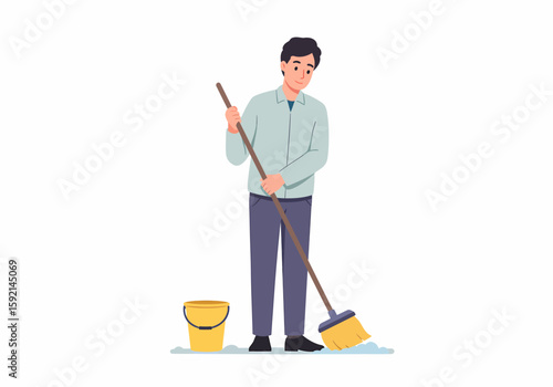 Man sweeping floor with broom bucket nearby illustrating cleaning and household chores