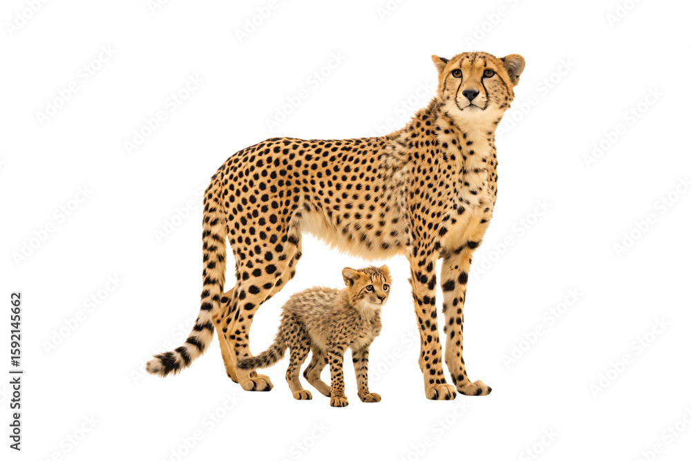 Fototapeta premium Cheetah with cub, adult spotted wild cat standing protectively over small offspring, isolated on a transparent background