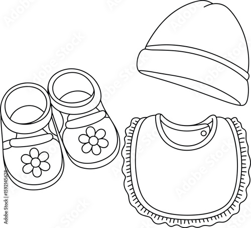 Cute Baby Accessories Flat Sketch Design, Newborn Shoes with Flower Detail, Beanie Hat, and Ruffled Bib Template, Isolated on White Background.