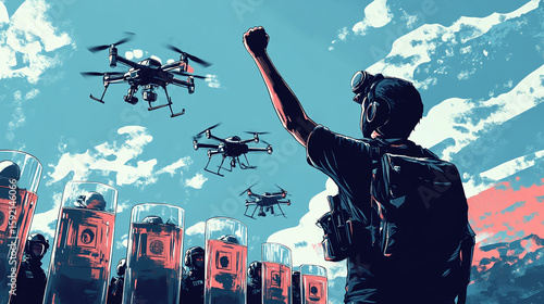 A protester raising a fist, merged with police shields and surveillance drones, symbolizing crackdowns on dissent.