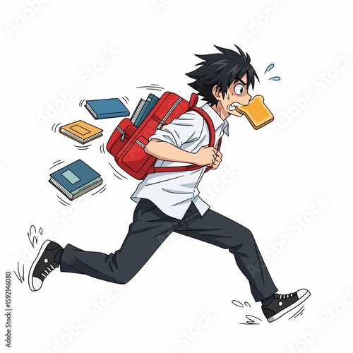 Anime student running late for school with books and toast