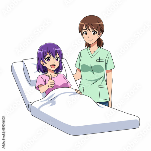 Caring Nurse Assisting Patient Lying in Hospital Bed Giving Thumbs Up
