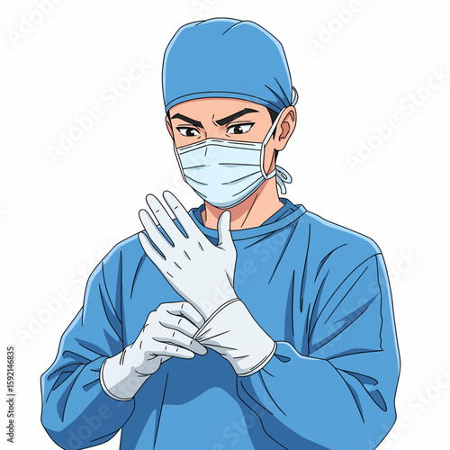Cartoon doctor in surgical scrubs and mask putting on gloves for surgery