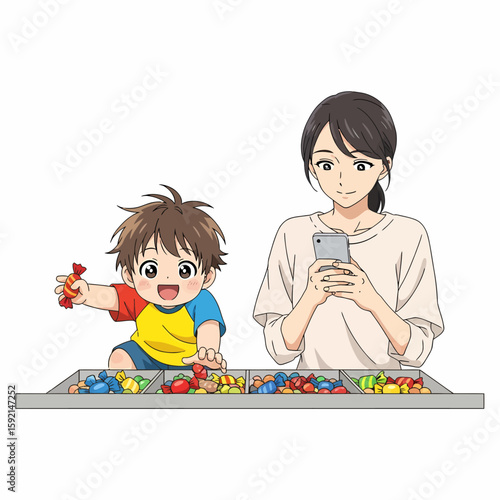 Young boy and mother happily choosing colorful candies at a counter