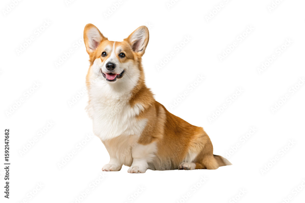 Red and white corgi dog sitting with tongue out and happy expression, isolated on a transparent background Red and white corgi dog sitting with tongue out and happy expression, isolated on a transparent background