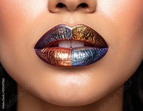Close-up of lips with colorful metallic makeup
