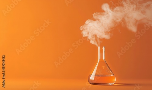 An orange background contrasts with white smoke coming from a glass flask in this simple scientific idea illustration, Generative AI.