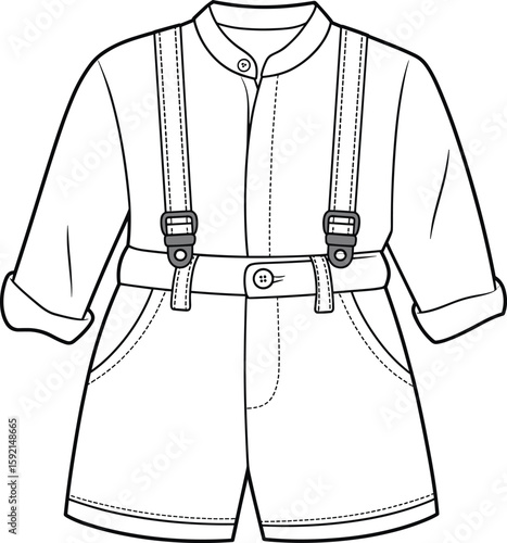 Cute Baby Boy Suspender Shorts Set Flat Sketch Design, Long Sleeve Shirt and Bottoms Template, Infant Formal Wear Apparel Mockup, Front View Isolated on White Background.