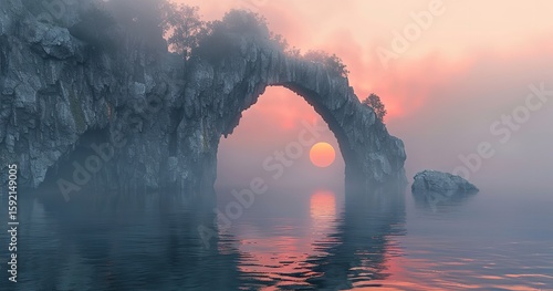 At dawn, a rock arch in fog with water reflected in it, Generative AI.
