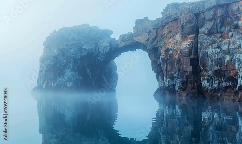 At dawn, a rock arch in fog with water reflected in it, Generative AI.