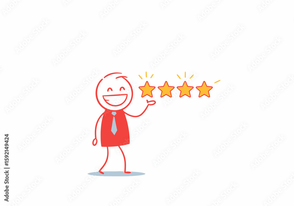 Happy stick figure man with glowing stars representing excellent customer feedback and positive review Happy stick figure man with glowing stars representing excellent customer feedback and positive review