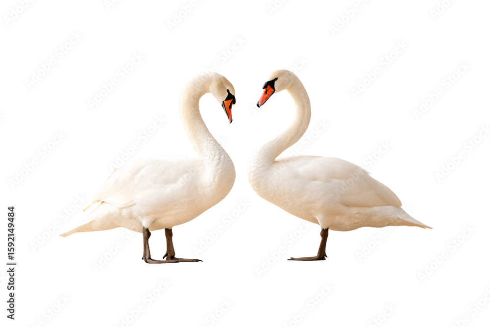 Obraz premium Two elegant white swans with orange beaks facing each other in graceful courtship pose, isolated on a transparent background