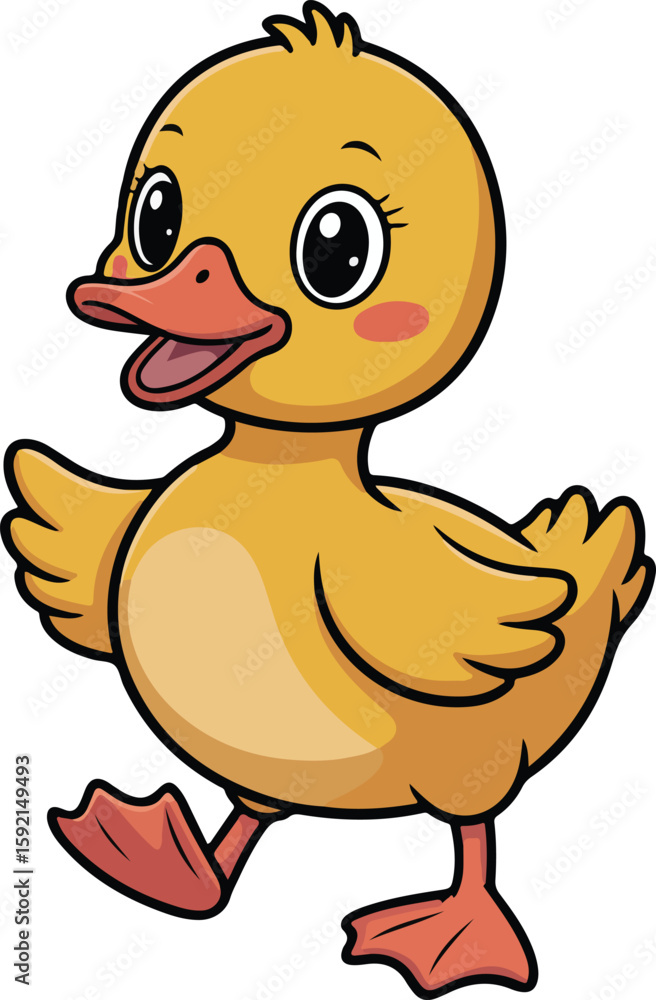 Fototapeta premium A cheerful yellow duckling with a bright orange beak is waddling