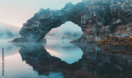 At dawn, a rock arch in fog with water reflected in it, Generative AI.