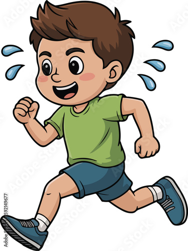 A cartoon image of a young boy running and sweating with a smile