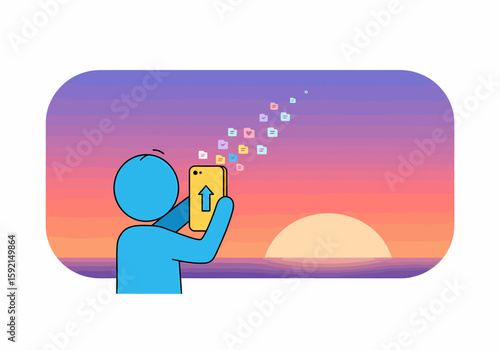 Person photographing a vibrant sunset over the ocean capturing digital memories