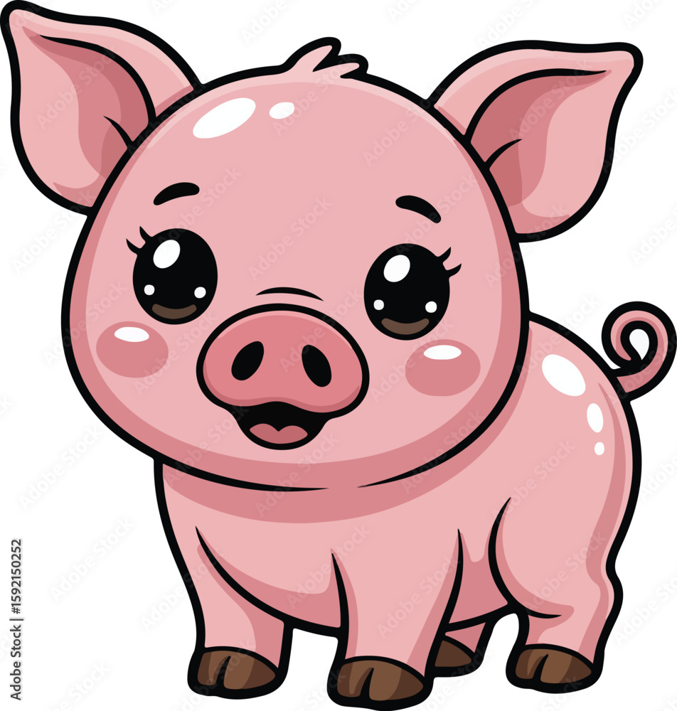 Fototapeta premium A cute cartoon piglet with big, adorable eyes and a joyful expression. It stands, ready for adventure