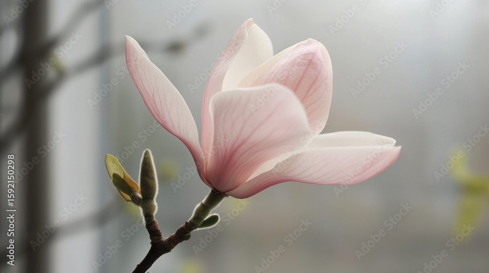 Fototapeta premium Close-up of a pink magnolia flower bud on a tree branch. the flower is in full bloom, with its petals spread out in a fan-like shape.
