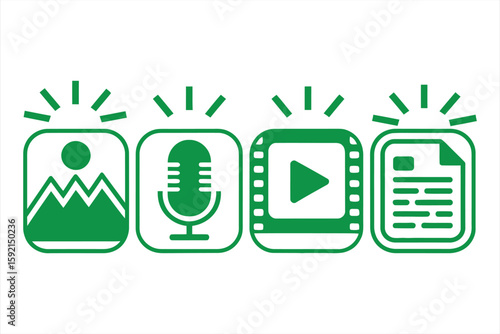 Digital content icons representing media and information