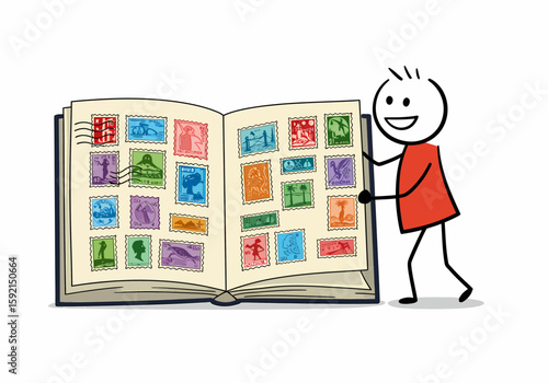 Man happily reviewing his extensive collection of colorful postage stamps in an open album