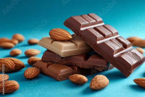 Big chocolate bars and almonds isolated on a vivid background, Generative AI.