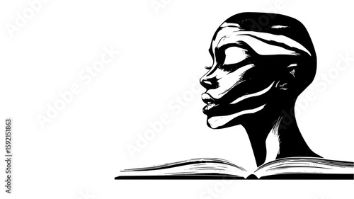 Black and white art of woman reading book for education and literature promotion and book illustration design vector