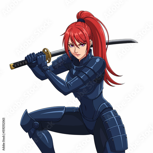 Pixel Art Female Warrior with Katana in Dynamic Pose Ready for Battle