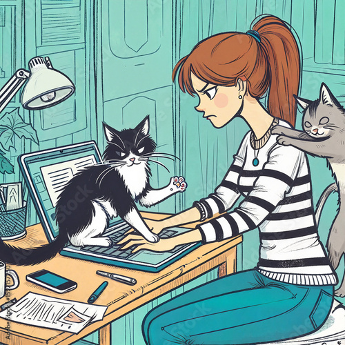 Young angry woman frustrated, working on laptop with playful cats in cozy home office
