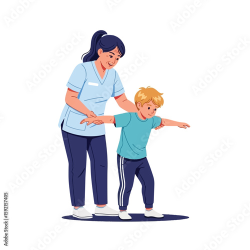 A therapist assists a young boy with balance exercises, holding his arms for support during a therapy session.