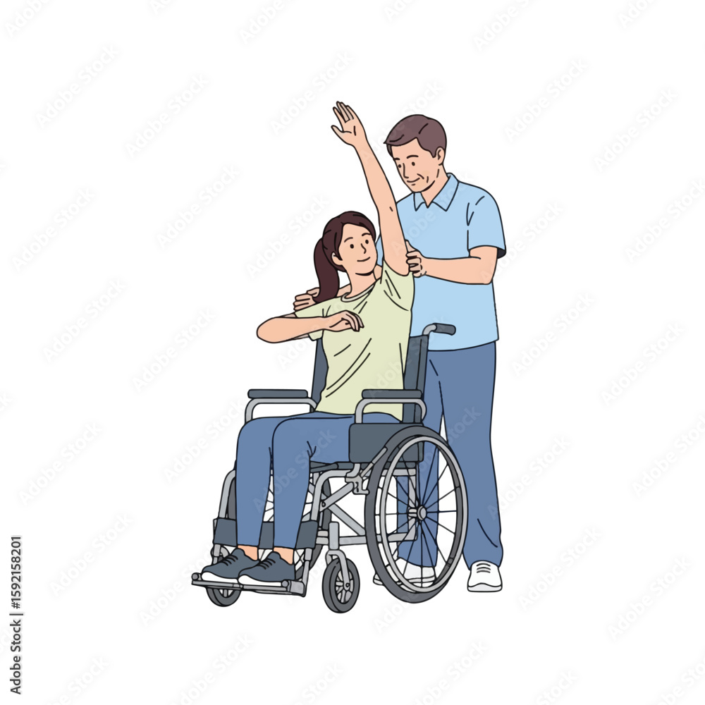 A physical therapist assists a woman in a wheelchair with a shoulder exercise. A physical therapist assists a woman in a wheelchair with a shoulder exercise.