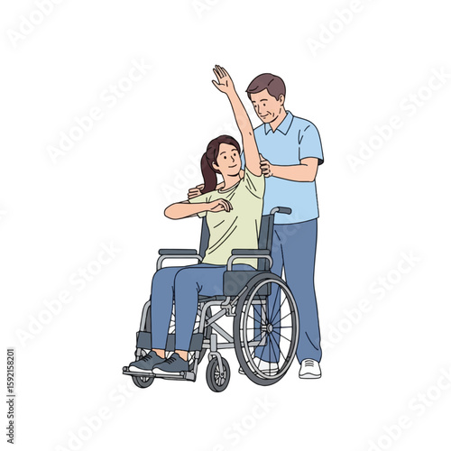 A physical therapist assists a woman in a wheelchair with a shoulder exercise.