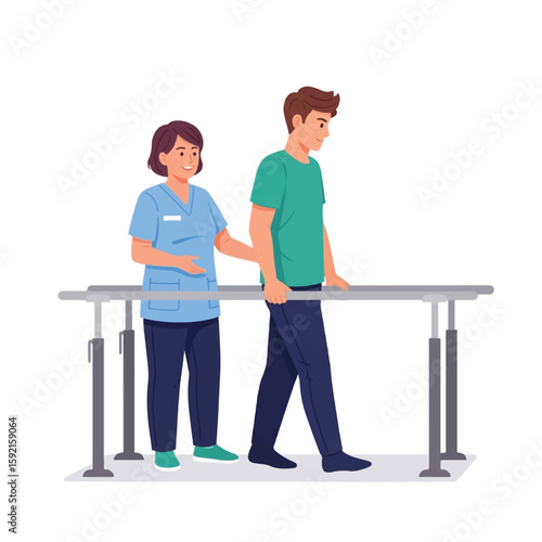 Physical therapist assisting patient with parallel bars gait training.