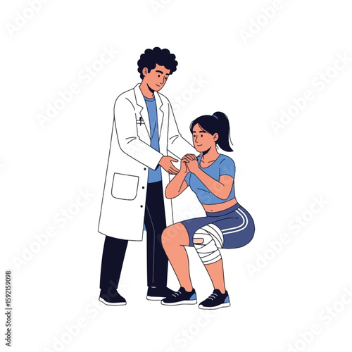 Physical therapist assisting a young woman with a knee injury, performing rehabilitation exercises.