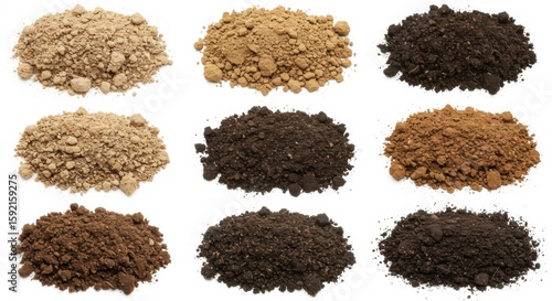 Variety of soil textures in nine different types displayed on a white background