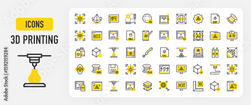 3d Printing icons. Stl, Resize, Measurement, Development, Filament, Abs, Failed, Obj, Prototype, Pla, Save, Select, Monitor, Setting, Blueprint, 3d, Browser vector stroke illustration.	
