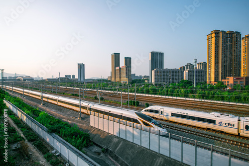 High-speed train near the city