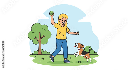 Smiling Person Playing Fetch with a Beagle Dog in a Park, Simple Vector Illustration