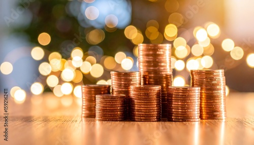 Wallpaper Mural Stacks of copper coins on wooden surface, blurred holiday lights Torontodigital.ca