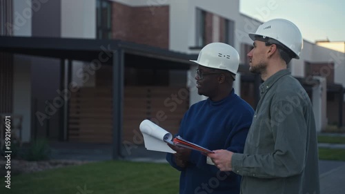 Foremen inspect the finished houses and talk while standing outdoors