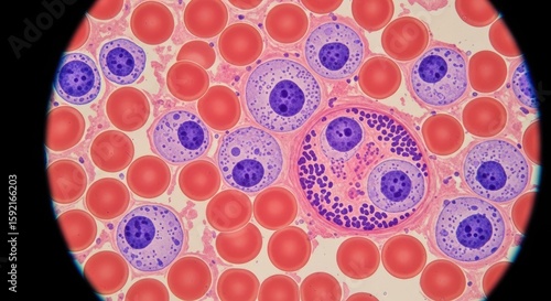 Microscopic view of a blood smear showing numerous red blood cells and several larger, purplish-hued white blood cells, some exhibiting granular internal structures, within a circular field of view