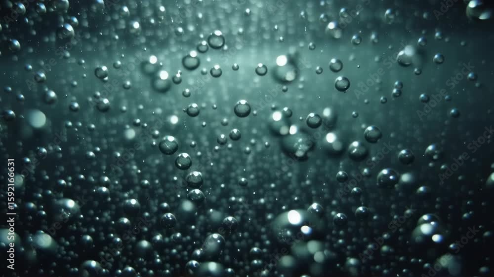 Falling water droplets on dark teal background. Rainy weather, storm concept. Slow motion video of rain for nature documentary, climate change awareness, or relaxation purposes.