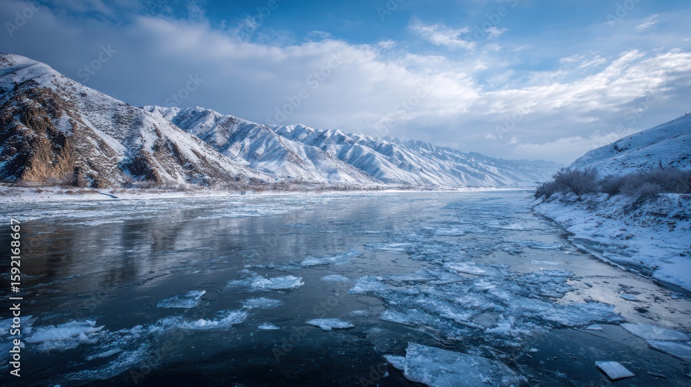 Obraz premium Winter's Frozen Embrace: A captivating natural scenery unfolds, where a tranquil river gracefully weaves through a snowy landscape, with a touch of serene beauty and cold temperature.