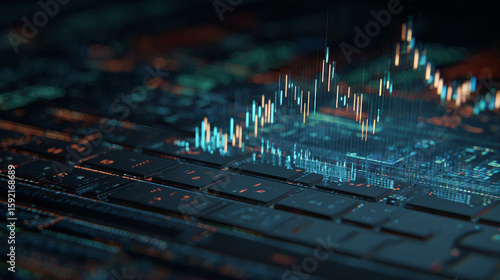 A 3D screen visual shows buy/sell trade activity and transaction stats, representing a brokerage firm and the digital environment of modern financial exchanges