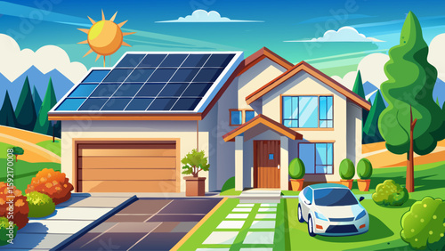 House exterior with solar panels on the roof and clean driveway. Eco-friendly modern design