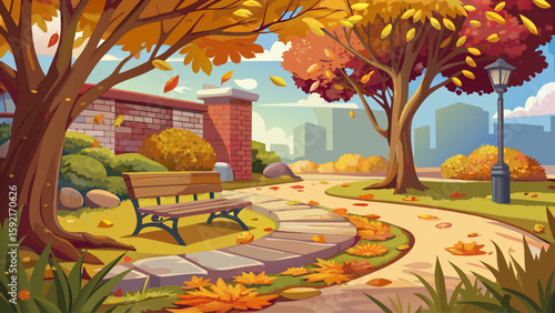 Outdoor bench under tree shade with fallen leaves on stone path. Peaceful backyard corner