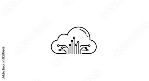 A cloud with circuit board design in black outline on white background